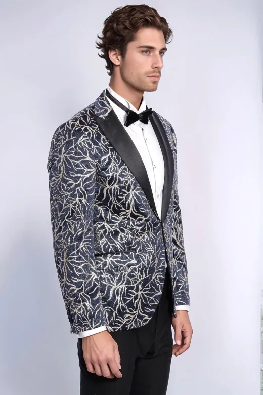 Işıltılı Sarmaşık Desenli Slim Fit Lacivert Erkek Smokin Ceket - Wessi