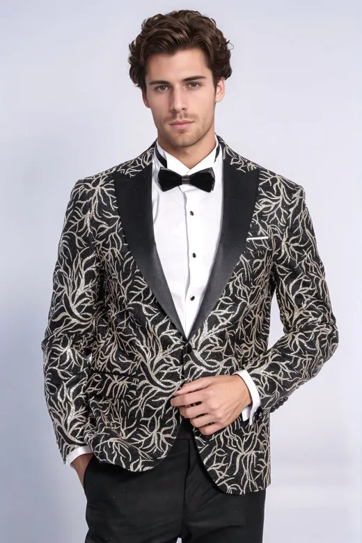 Işıltılı Sarmaşık Desenli Slim Fit Siyah Erkek Smokin Ceket - Wessi