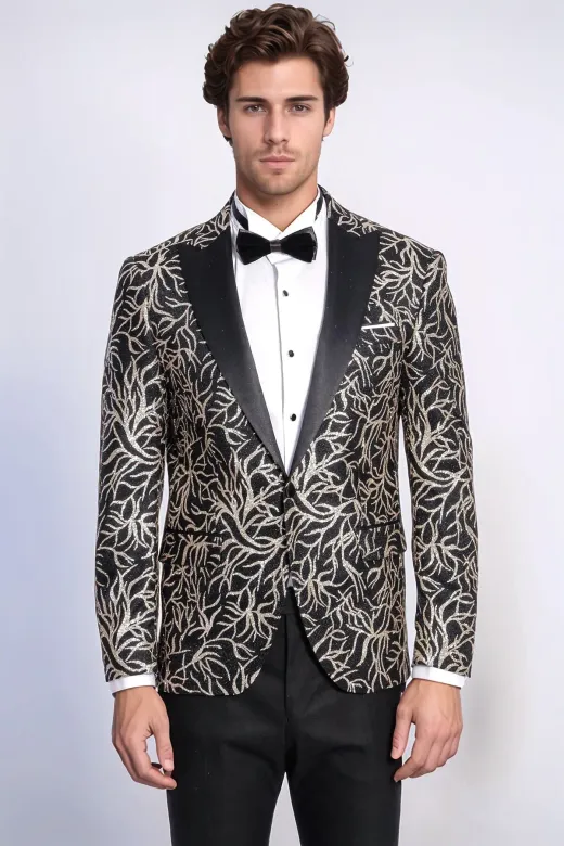 Işıltılı Sarmaşık Desenli Slim Fit Siyah Erkek Smokin Ceket - Wessi