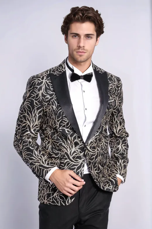 Işıltılı Sarmaşık Desenli Slim Fit Siyah Erkek Smokin Ceket - Wessi