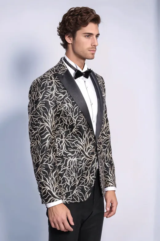 Işıltılı Sarmaşık Desenli Slim Fit Siyah Erkek Smokin Ceket - Wessi