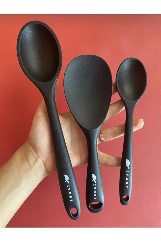 IVORY 3lü siyah silikon kaşık 3'lü Sert Silikon Kaşık Siyah
