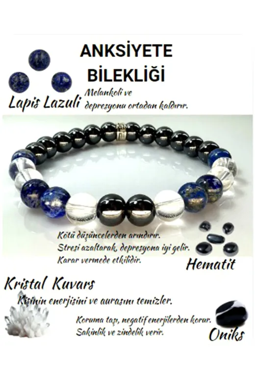 Jewel mavibeyaz1 Anksiyete Bilekliği -%100 Doğaltaş- Lapis Lazuli, Kristal Kuvars, Hematit Ve Oniks Taşlı Bileklik