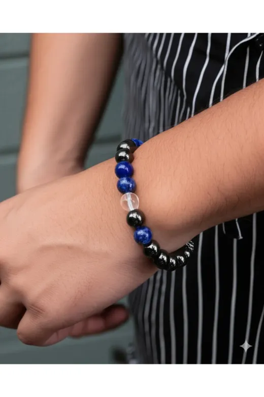 Jewel mavibeyaz1 Anksiyete Bilekliği -%100 Doğaltaş- Lapis Lazuli, Kristal Kuvars, Hematit Ve Oniks Taşlı Bileklik