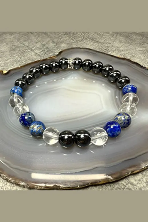 Jewel mavibeyaz1 Anksiyete Bilekliği -%100 Doğaltaş- Lapis Lazuli, Kristal Kuvars, Hematit Ve Oniks Taşlı Bileklik