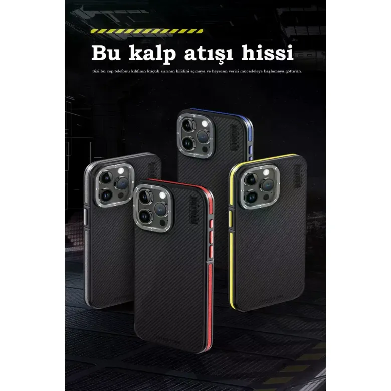 Joko iPhone 15 Pro Kılıf Aramid 600D Kevlar Karbon Fiber Magsafe Kapak - Kırmızı