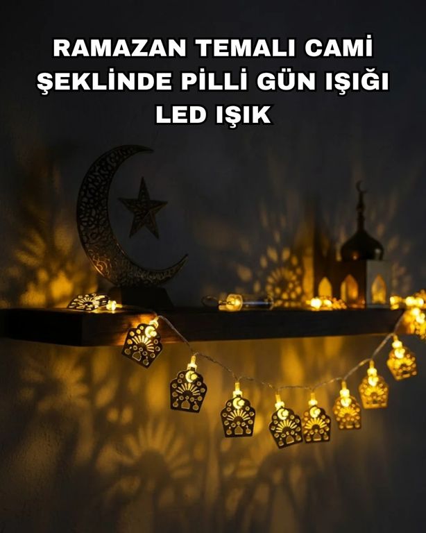 just cheap store 25DYMUCZZZCAMİRAMAZANLEDIŞIK-5 Pilli Ramazan Ve Bayram Led Işık Zinciri Cami Temalı Dekoratif Açık Mavi