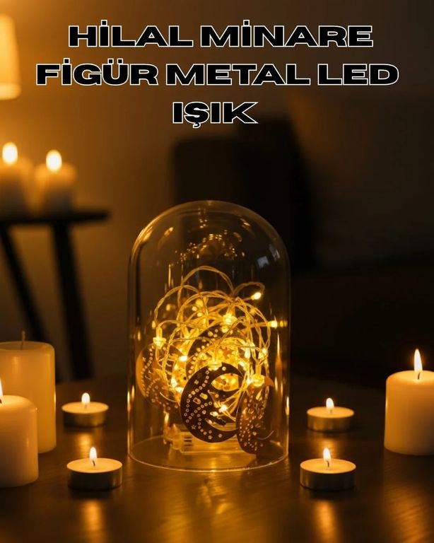 just cheap store 25DYMUCZZZMİNARERAMAZANLEDIŞIK-1 Ramazan Minare Detaylı Hilal Led Işık Günışığı Sarı Metal Süs Açık Mavi