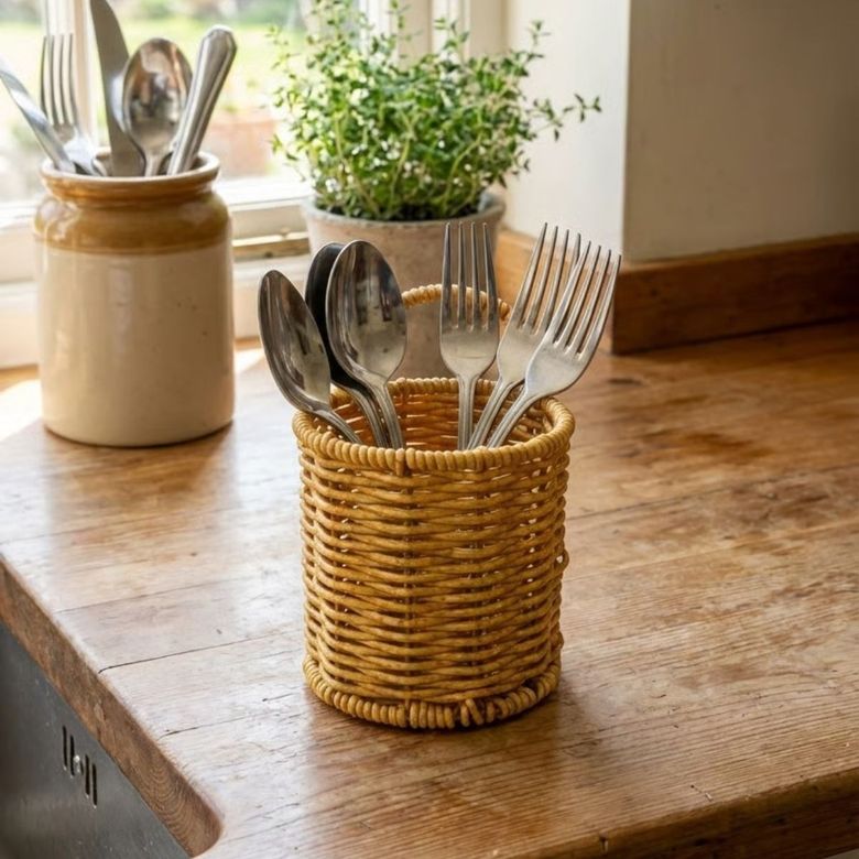 just cheap store 474189HS07YT0007 Yuvarlak Hasır Dokulu Plastik Rattan Kaşıklık &amp Amp Çatallık Askılı Kendiliğinden Tutmalı Çok Amaçlı Mutfak Organizeri 4741 Ahşap