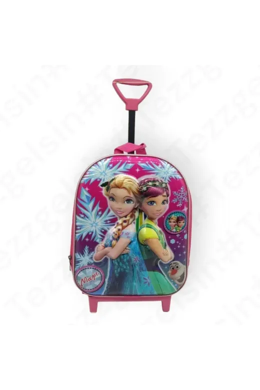 Kız Çocuk Kreş Anaokulu Frozen Elsa Kardeşler 5D Baskı Tekerli Çekçekli Okul Çantası Sırt Çantası