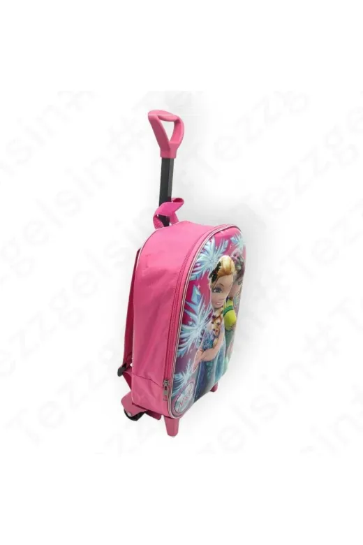 Kız Çocuk Kreş Anaokulu Frozen Elsa Kardeşler 5D Baskı Tekerli Çekçekli Okul Çantası Sırt Çantası