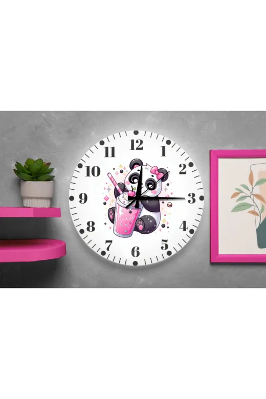 Kız Çocuk Odası İçin Pembe Panda Tasarımlı Sessiz Duvar Saati