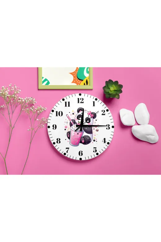 Kız Çocuk Odası İçin Pembe Panda Tasarımlı Sessiz Duvar Saati