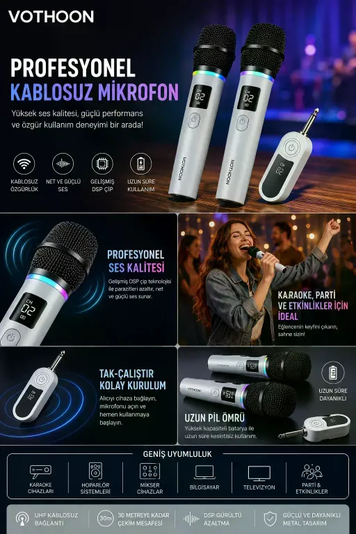 Kablosuz Karaoke Çift Mikrofon 6.5 mm Sahne Parti Düğün Aktivite Amfi Hoparlör