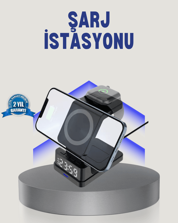 Kablosuz Şarj Cihazı ve Dijital Saat – 4’ü 1 Arada Hızlı Şarj, Apple Uyumlu, LED Işıklı Tasarım