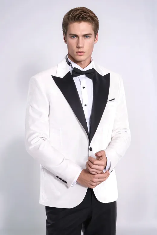 Kadife Slim Fit Beyaz Erkek Smokin Ceketi - Wessi