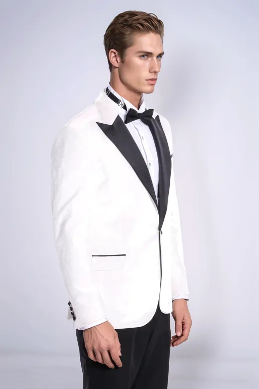 Kadife Slim Fit Beyaz Erkek Smokin Ceketi - Wessi