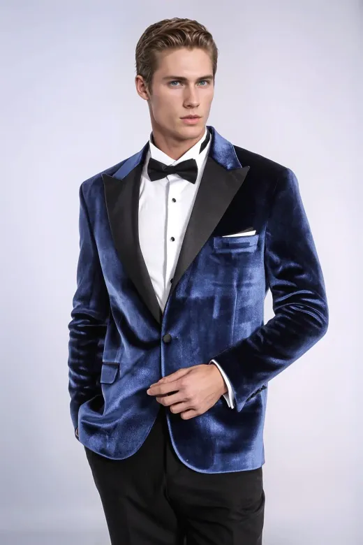 Kadife Slim Fit Mavi Erkek Smokin Ceket - Wessi
