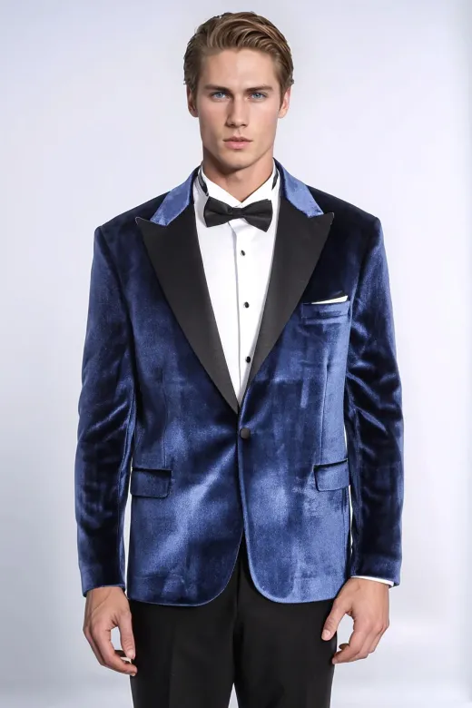 Kadife Slim Fit Mavi Erkek Smokin Ceket - Wessi