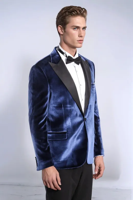 Kadife Slim Fit Mavi Erkek Smokin Ceket - Wessi