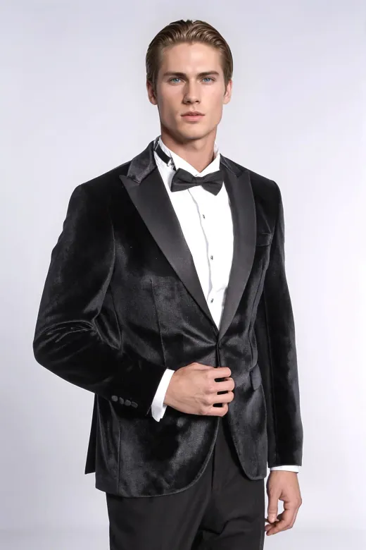 Kadife Slim Fit Siyah Erkek Smokin Ceket - Wessi