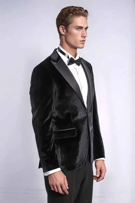 Kadife Slim Fit Siyah Erkek Smokin Ceket - Wessi