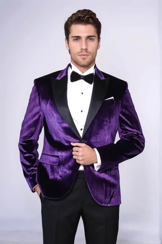 Kadife Slim Fit Tek Düğmeli Mor Erkek Balo Ceket - Wessi