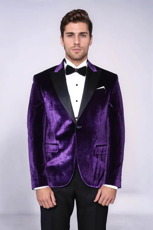 Kadife Slim Fit Tek Düğmeli Mor Erkek Balo Ceket - Wessi