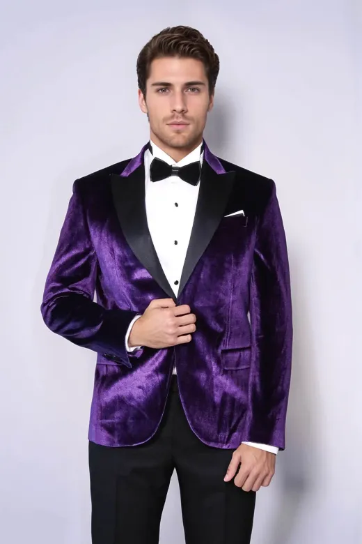 Kadife Slim Fit Tek Düğmeli Mor Erkek Balo Ceket - Wessi