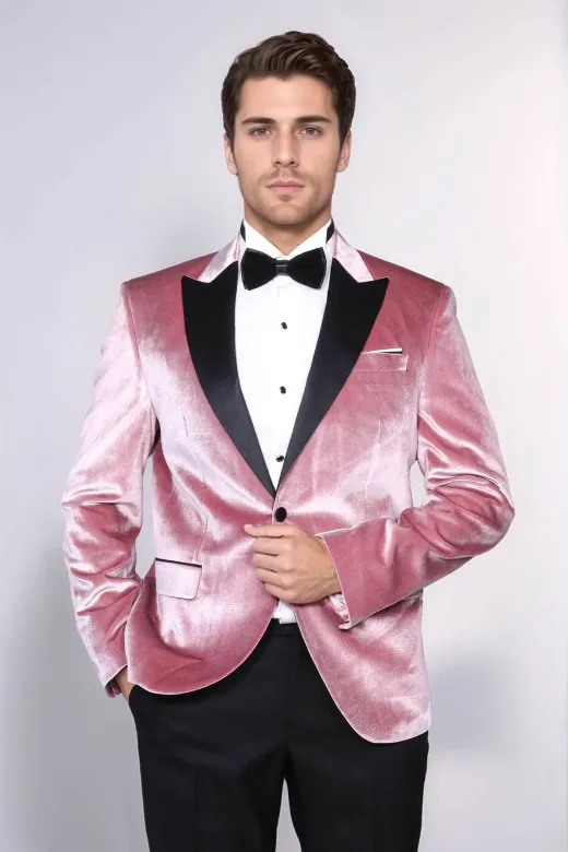 Kadife Slim Fit Tek Düğmeli Pembe Erkek Balo Ceket - Wessi