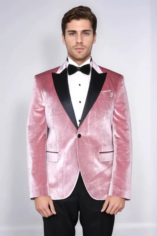 Kadife Slim Fit Tek Düğmeli Pembe Erkek Balo Ceket - Wessi