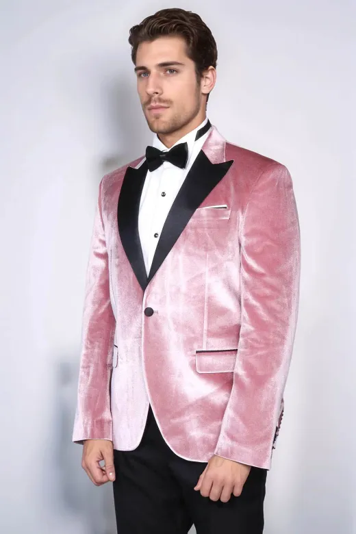 Kadife Slim Fit Tek Düğmeli Pembe Erkek Balo Ceket - Wessi