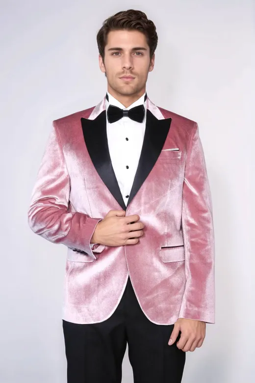 Kadife Slim Fit Tek Düğmeli Pembe Erkek Balo Ceket - Wessi