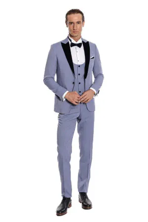 Kadife Yaka Slim Fit Açık Mavi Erkek Damatlık - Wessi