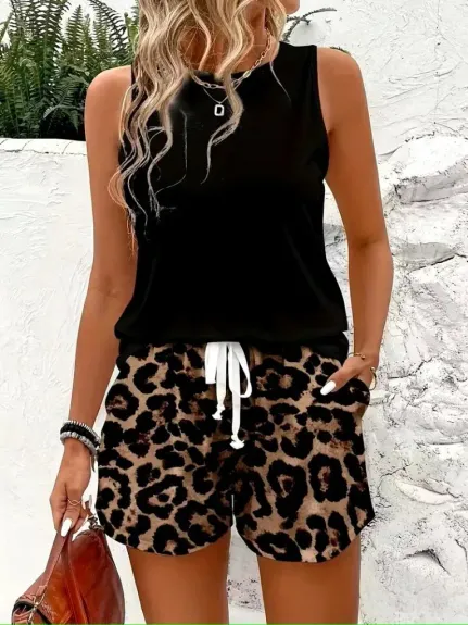 Kadın Askılı Bisiklet Yaka Viskon Atlet Ve Leopar Desenli Iki Iplik şort Ikili Takım - S-M - Siyah