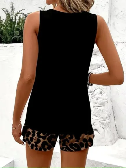 Kadın Askılı Bisiklet Yaka Viskon Atlet Ve Leopar Desenli Iki Iplik şort Ikili Takım - S-M - Siyah