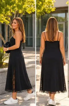 Kadın Askılı Dantel Detaylı Uzun Viskon Elbise - L-XL - Siyah
