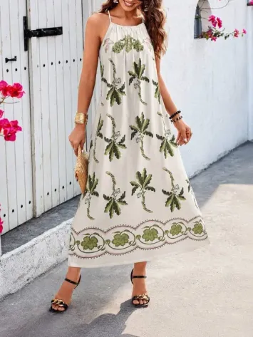 Kadın Askılı Düz Yakalı Ciçek Desenli Uzun Süprem Elbise - 4XL-5XL - Yeşil
