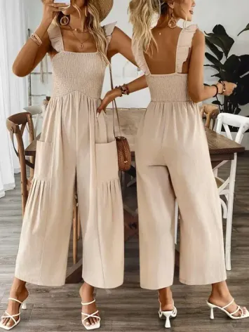 Kadın Askılı Gipe Detaylı Cepli Uzun Tulum - 2XL-3XL - Bej