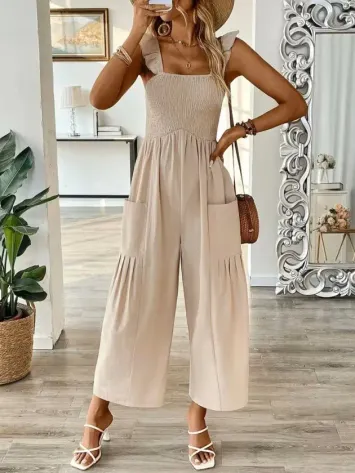 Kadın Askılı Gipe Detaylı Cepli Uzun Tulum - 2XL-3XL - Bej