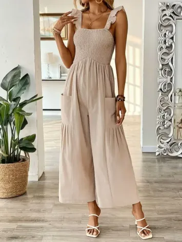 Kadın Askılı Gipe Detaylı Cepli Uzun Tulum - 2XL-3XL - Bej