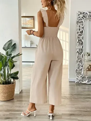 Kadın Askılı Gipe Detaylı Cepli Uzun Tulum - 2XL-3XL - Bej
