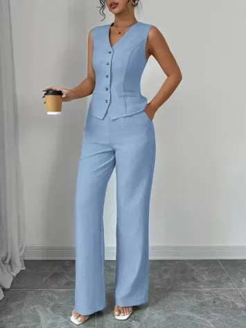 Kadın Askılı önden Düğmeli Bluz Ve Pantolon Keten Ikili Takım - M - Mavi