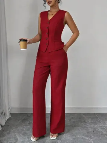 Kadın Askılı önden Düğmeli Bluz Ve Pantolon Keten Ikili Takım - XL - Kırmızı