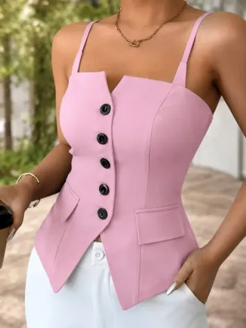 Kadın Askılı önü Düğmeli Atlas Bluz - 3XL - Pembe