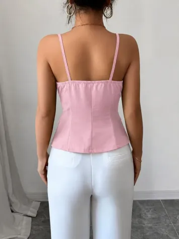 Kadın Askılı önü Düğmeli Atlas Bluz - 3XL - Pembe