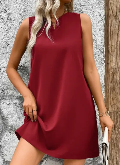 Kadın Askılı V Yakalı Geniş Kesim Detaylı Kısa Janjan Krep Elbise - L-XL - Kırmızı