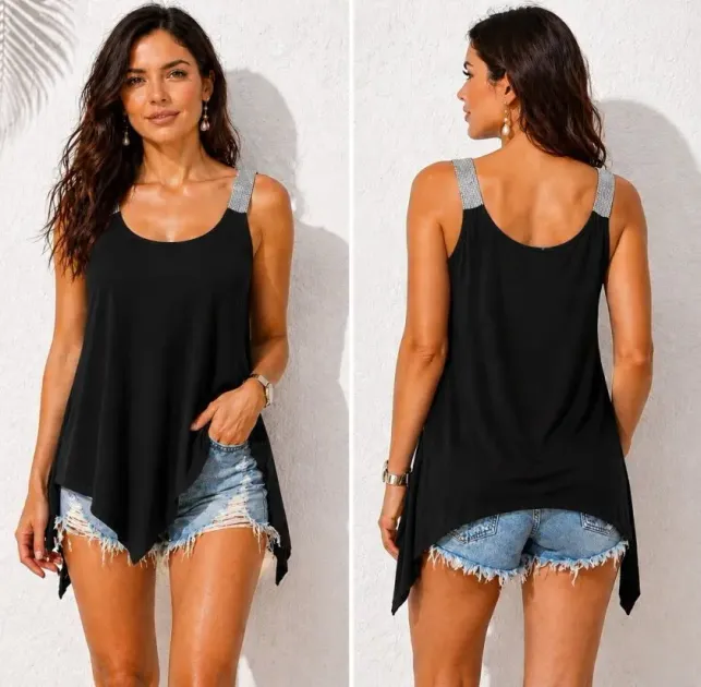Kadın Askılı Yuvarlak Yaka Asimetrik Kesım Detaylı Viskon Bluz - L-XL - Siyah