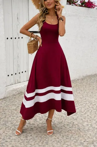 Kadın Askılı Yuvarlak Yaka Asimetrik şerit Detaylı Uzun Viskon Elbise - 2XL-3XL - Bordo