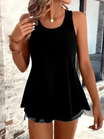 Kadın Askılı Yuvarlak Yakalı Arkası şerit Detaylı Viskon Bluz - 2XL-3XL - Siyah